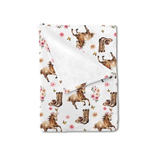 Image of HawSkgFub Horse Rose Floral Baby Blankets Girls Shower Gift, Western Cowgirl Hat Boots Pink Flower Fleece Nursery Bed Receiving Swaddle, Wild West Soft Newborn Infant Toddler Kids Crib Bedding 30 x 40