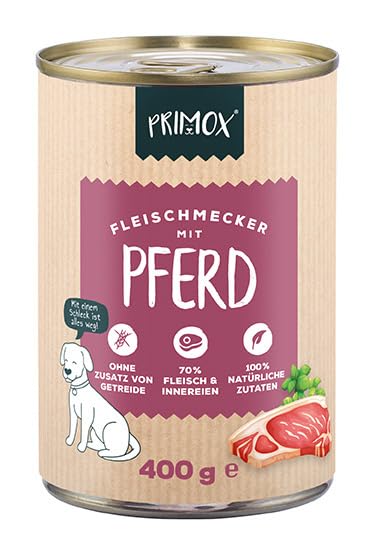 PRIMOX® Fleischmecker Hunde-Nassfutter | Getreidefrei | 70% Fleisch & Innereien | Made in Germany & 100% Natürlich | Omega-3 für Haut & Fell | Gluten- & Laktosefrei (Pferd, 6x400 g)