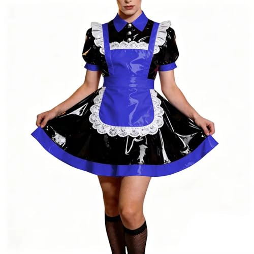 Robe cosplay de fête bleu royal en cuir PVC style Lolita grande taille 5TG