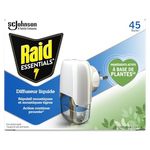 Raid Essentials Diffuseur Électrique Liquide - Répulsif Moustiques et Moustiques Tigres 45 Nuits - Sans Parfum Ajouté - 1 Diffuseur et 1 Recharge