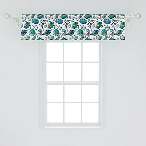 Lunarable Sea Turtle Window Valance Pack of 2, Nautical Pattern of Continuous Shells Corals Jellyfish, Rod Pocket Curtain Valances for Kitchen Bedroom, 54" X 12", Blue Black