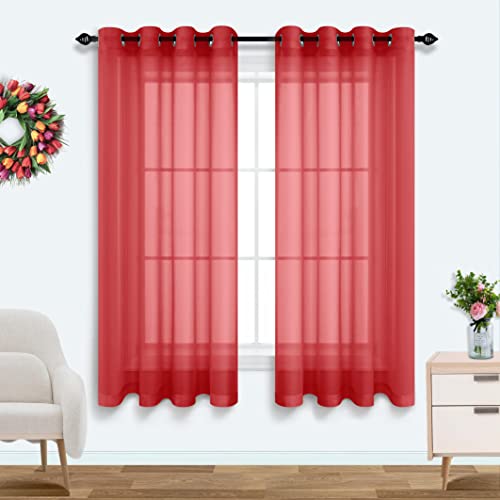 Mrs.naturall Red Short Curtains 45 Inches Long For Kitchen Bathroom Set Of 2 Panels Grommet Sheer Drapes Voile Curtain For Boys Teen Girls Bedroom Small Windows #TOP23