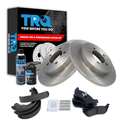 Image of TRQ Rear Brake Pad & Rotor Kit, with Chemical Kit Parking Brake Shoe Set Ceramic Compatible with 2002-2005 Ford Explorer Mercury Mountaineer