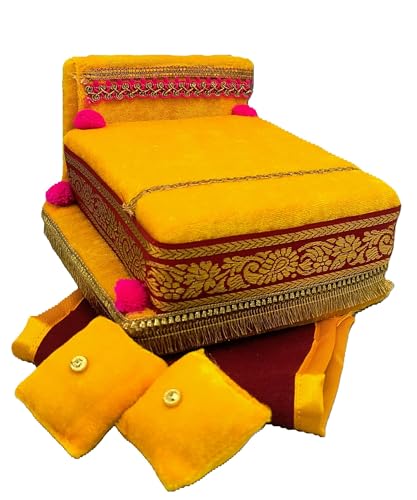 Image of RD Handicraft Thakur ji Bed, Laddu Gopal ji Bed, Bal Gopal ji Bed with Blanket Silk All Purpose Bed |Yellow (17x16x10 cm)