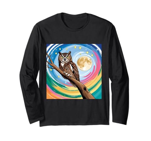 星空の下で魅惑のフクロウ、風変わりなアート 長袖Tシャツ