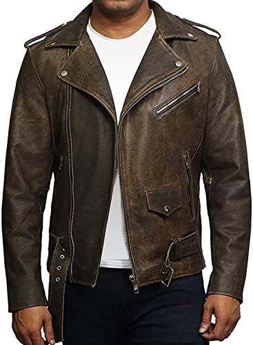 BRANDSLOCK Mens Genuine Leather Biker Jacket Cowhide Brando Rustic