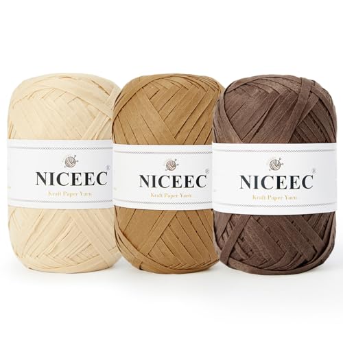 Image of NICEEC 3 Skeins Kraft Paper Yarn 474yds /5.3oz - Brown Series | Crochet & Knit, DIY Project Starter Kit,Handbag,Sun Hat,Shoes, Shopper Bag