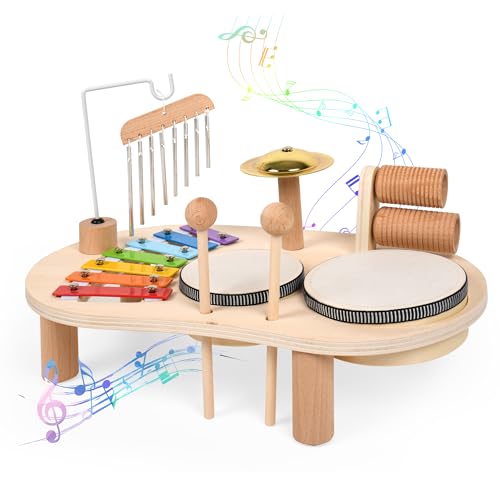 Baby Musical Instruments Toys Kids Drum Set for Toddlers Baby Music Instruments 7 in 1 Montessori Preschool Musical Toys Children Drum kit Xylophone Tambourine Birthday Gifts for Boys and Girls