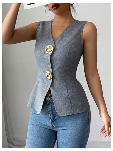GORGLITTER Women's 3D Flower Metallic Vest Tops Button Up Waistcoat V Neck Sleeveless Vest Blazers2