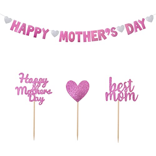BOFUNX Guirnalda de banderines Banner Happy Mother's Day+24pcs Topper Tarta de Best Mom Corazón Adornos Decoración del Feliz Día de Madre Hogar Tartas Cake Pastel Postre Cupcake Fiesta Cumpleaños