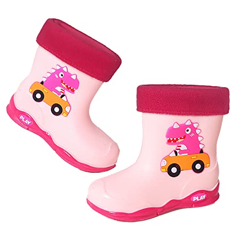 Botas de lluvia para niños, serie de dibujos animados, impermeables, suela antideslizante, uso al aire libre, patrón de dinosaurio, zapatos de agua unisex, Rosa con algodón, 13.5 UK Child