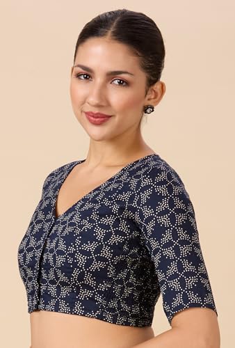 Image of Studio Shringaar Women Cotton Half Sleeve Printed Stretchable(Smocked)Readymade Saree Blouse