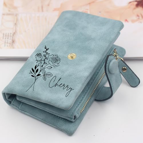 Personalized Peacock Blue Small Leather Wallet Custom Birth Month Flower & Name Coin Purse Card Holder for Women Girls Customized Gift for Birthday Christmas Mothers Day4