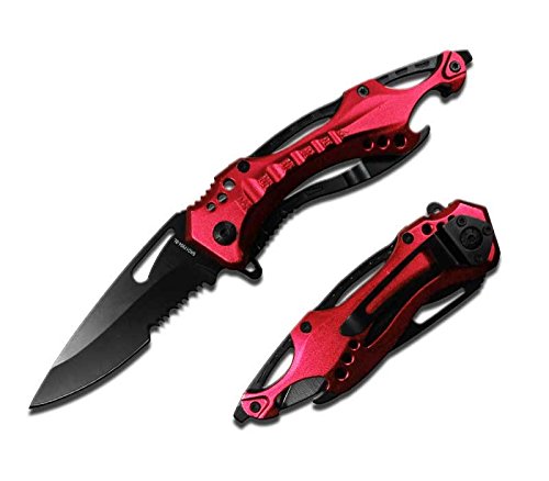 HIGCORRogue River Tactical Red Police Style Rescue Folding Pocket Knife Multi Function Spring Assisted Opening Half-Serrated Black Blade, 4-1/2-Inch Closed Glass Breaker Bottle Opener Belt Clip