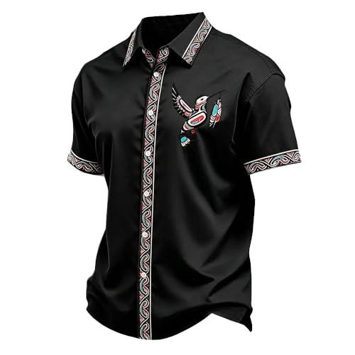 Men's Indigenous Print Casual Shirt Hummingbird Tshirt Vintage Indigenous Totem Art Shirt Indigenous People's Day Tee Native American Shirts For Men Black