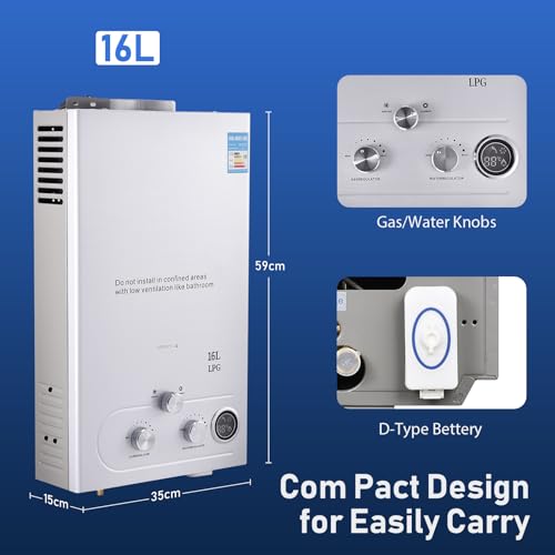 Durchlauferhitzer Gas 16L, 32KW LPG Propan Warmwasserbereiter Durchlauferhitzer Super Niedrigem 0,5bar...