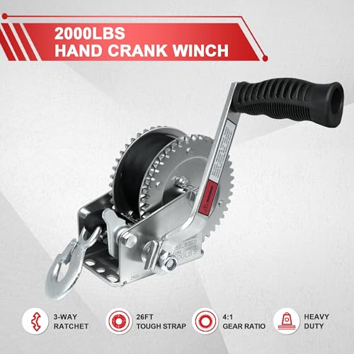 Image of OPENROAD 2000lbs Heavy Duty Boat Trailer Winch with 26FT Strap,2-Way Ratchet,4:1 Gear Trailer Winch,Portable Hand Crank Winch for Boat,Truck, Trailer, RV, ATV, Jet Ski