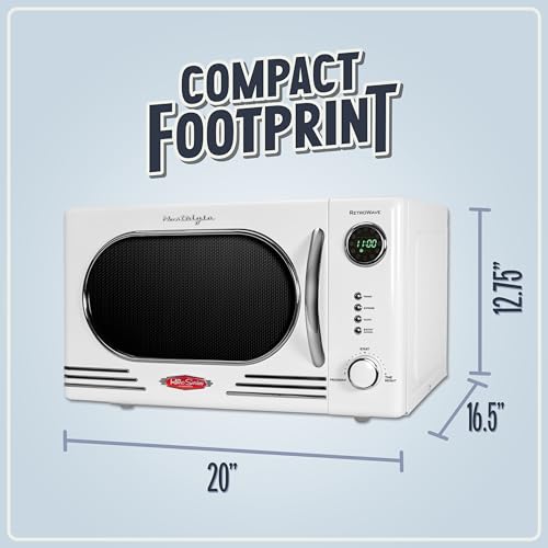 Nostalgia NRMO11WH6A 1000 Watt Power Retro Countertop Microwave Oven Easy to Clean with Removable Glass Turntable-Child Safety Lock-12 Programs-Digital Clock, 1.1 Cu. Ft, White