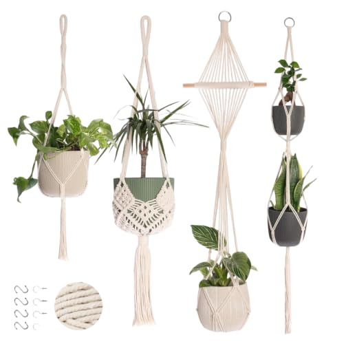 Makramee Blumenampel Set – 4-teilig, handgewebt aus Naturbaumwolle, Boho-Stil, für Töpfe bis 10 Zoll, inkl. Haken
