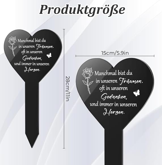 Grabschmuck Wetterfest, Grabschmuck, Schwarzes Herzförmiges Acryl Grab Deko mit mit Gravur Geliebt Und unvergessen Für Immer in Unseren Herzen, Grabdekoration Zum Erinnerung Andenken Deko Trauer