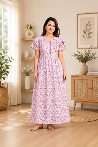 Image of Women's Pure Cotton Maxi Nighty, Floral Print, Short Sleeve Night Gown Adjustable Back BeltSoft Breathable Full-Length Sleepwear & Lounge Wear