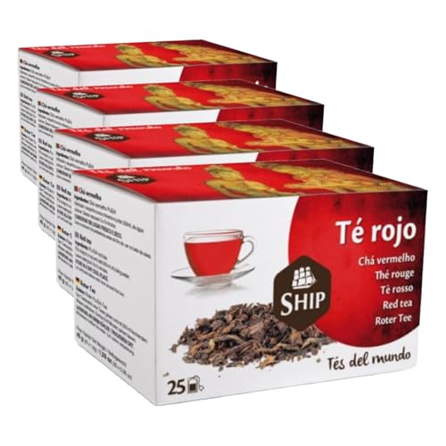 Ship - Té Rojo en Caja de 25 Unidades - Propiedades Antioxidantes - Ayuda a Activar la Mente - Aporta Vitaminas y Minerales - Proporciona Bienestar y Tranquilidad - Sabor Dulce (Paquete de 4)