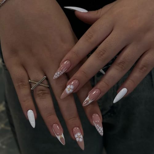 Image of White Press on Nails Medium Almond False Nail with Flower Fake Nails Nude Stick on Nail Glossy Full Cover for Women Manicure 24Pcs