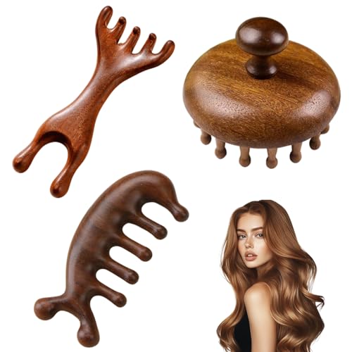 Gykutix Juego de 3 Cepillos Masajeador para Cuero Cabelludo de Madera de Sándalo Natural - Masajeador Capilar, para Uso en Casa y Viaje