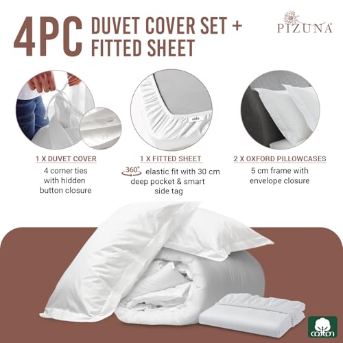 Pizuna Pure 100% Cotton Double Duvet Cover Set with Double Fitted Sheet White, 400 Thread Count Long Staple Cotton Bedding Set, Soft Sateen Weave Quilt Cover Set & 40 cm Deep Fitted Sheets - Image 3