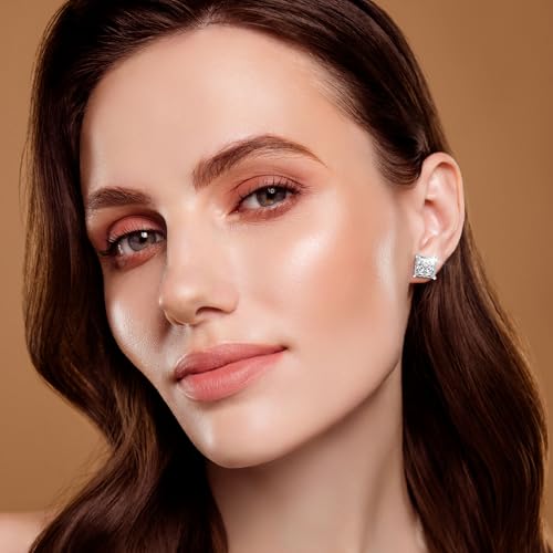 18K White Gold Plated Sterling Silver Pave Square Cubic Zirconia Stud Earrings 4 Prong Princess Cut CZ Simulated Diamond Stud Earrings for Men Women Hypoallergenic4