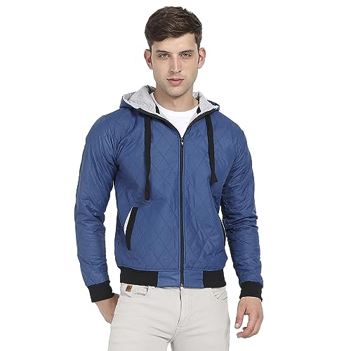 Image of Campus Sutra Men's Blue Quilted Puffer Jacket With Zip-Closure For Casual Wear | Hooded Neck | Long Sleeve | Zipper Closure | Polyester Jacket Crafted With Comfort Fit For Regular Wear