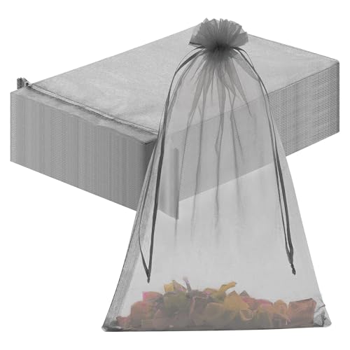 CAIRIAC Drawstring Bags for Gifts Large Organza Gift Storage with Drawstring 8 x 12 Fruit Protection Bag Sheer Organza Bag for Wedding Bridal Party Favors (50 Pcs Silver Grey)