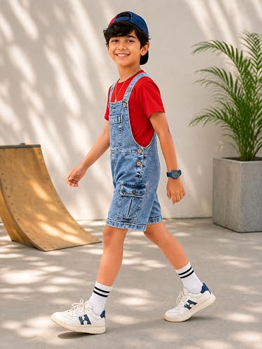 Image of KiddoPanti Unisex Denim Cargo Dungaree Shorts | 69.1% Cotton 29% Spun Poly 1.9% Spandex | Above Knee Length | Soft Breathable Summer Dungaree