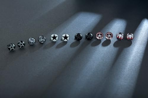 SIISPRI 6Pairs Satan Goat Head Stud Earrings Mens Earrings Set Hypoallergenic Surgical Punk Magic Pentagram Stainless Steel Round Circle Button Stud Post Earrings 10MM4