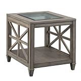 Large End Table Solid Wood, Industrial Sofa Side Table with Tempered Glass for Living Room, Nightsta
