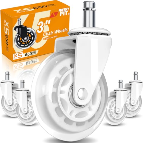 Office Chair Wheels for Casters Replacement - 3" Rubber Wheels for Computer Gaming Desk Caster Smooth &amp; Safe Rolling for All Floors Including Hardwood and Carpet - Set of 5 - White