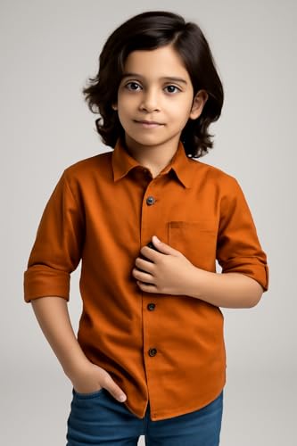 Image of Boys Kids Rust Orange Cotton Shirt, Long Roll-Up Sleeves, Party, Age 2-10 Years