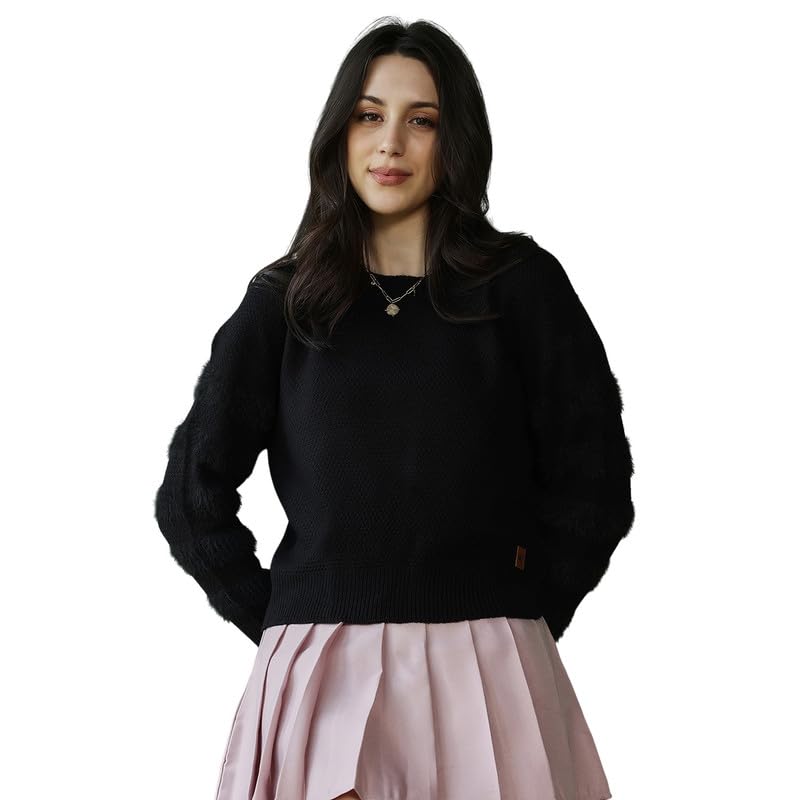 Women's Sweater, Round Neck, Long Ribbed-Cuff Sleeves, Pull On Closure, Solid Jacquard Knitted Shirt for Casual, Midnight Black