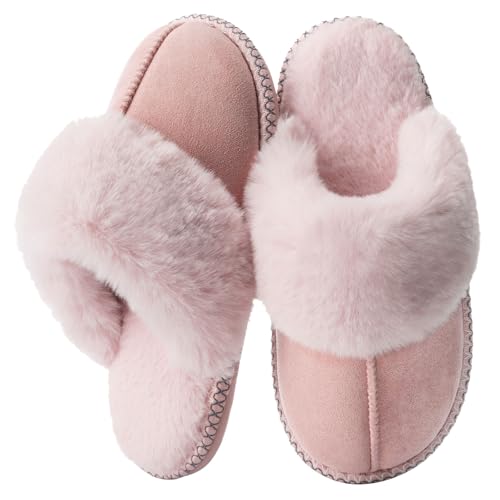 GOEWY House slippers for Women Fuzzy Fluffy Memory Foam Slippers Warm Winter Cozy Slip On Anti-Skid Gifts for Women Mom Indoor and Outdoor Size 7 8 Pink