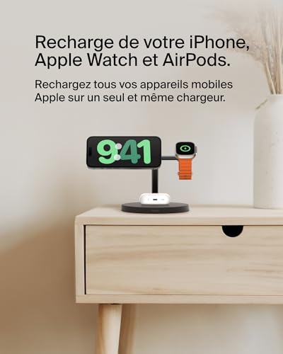 Belkin BoostCharge Station de Recharge 3-en-1 avec Qi2, Chargeur MagSafe Compatible pour Les modèles de l'iPhone 17, iPhone Air, Apple Watch, AirPods, Pixelsnap, Adaptateur Inclus - Noir