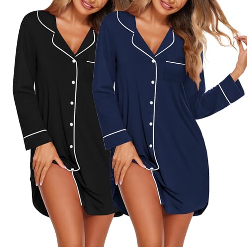 Ekouaer 2 Pack Nightgowns for Women Long Sleeve Night Shirt Button Down Sleep Shirt V-Neck Sleep Dress Pajama Sleepwear