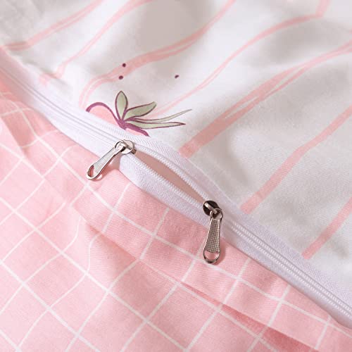 Vclife Pink Strawberry Duvet Cover Cotton Twin Pink White Bedding Sets Modern Reversible Plaid Stripe Comforter Quilt Cover Sets & Pillowcases, 1 Twin Size Strawberry Duvet Cover And 2 Pillowcases #TOP4