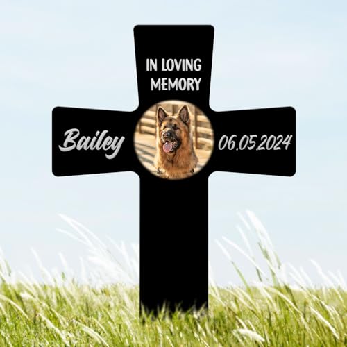 AVAGifts Personalized Pet Photo Memorial Cross Metal Forever in Our Hearts Grave Marker Custom Name & Date Outdoor Memorial Stake Loss of Cat Sympathy Gift Custom Dog Grave Marker for Cemetery