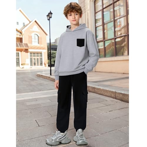 Hipea Boys Clothes Long Sleeve Hooded with Chest Pocket Cargo Pants with Side Pockets 2PCS Sets3