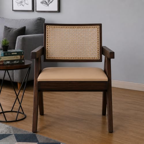 Image of Solid Wood Arm Chair with Cushion and Cane Back Support Chair Living Room Bedroom Home Wooden Armchair Furniture Garden Balcony Outdoor & Indoor (Walnut Finish)