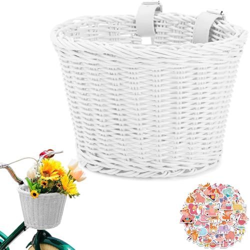 Women Men Bicycle Front Handlebar Bicycle Basket, Front Hand-Woven Bike Basket with Leather Belt (White)