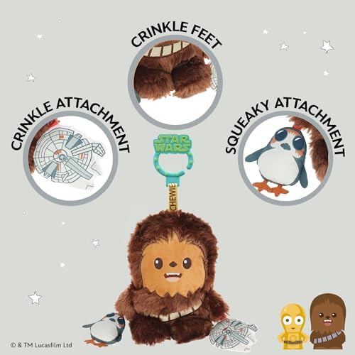 Kids Preferred Star Wars Chewbacca On the Go Activity Toy - with Rattle, Crinkle, Squeaker, Teether, Travel Clip, Sensory Toy, for Ages 0+ - 2