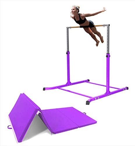 Athletic Bar Kids Gymnastics Horizontal Kip Bar with 6 FT x 4 FT Tumble Mat and Balance Beam Full Set, Adjustable 3 to 5 FT Gymnastic Junior Training Bar for Gymnasts Children, Fiberglass Rail Purple