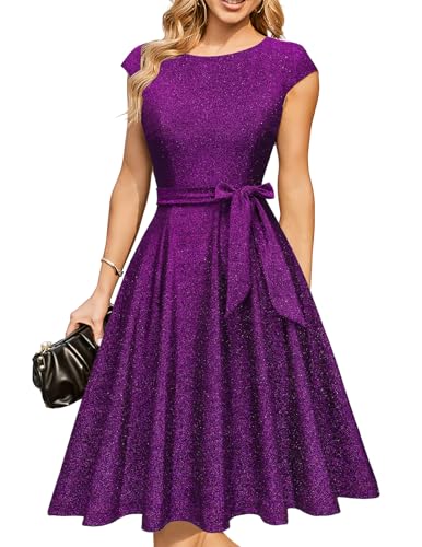 DRESSTELLS Cocktailkleid Damen Elegant 1950er Knielang Rockabilly Hochzeitkleid Vintage A-Line Swing Festlich Midilang Sommerkleid Abendkleid Kurz...