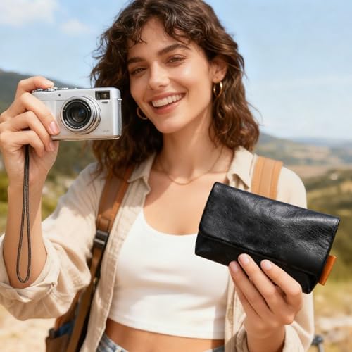 Image of Lacdo Camera Case Bag for Sony RX100 VII / RX100 VI / RX100 V /RX100 IV /RX100 III Digital Camera, Soft Leather Protective Camera Travel Pouch Sleeve, Compact Sony RX100 Camera Bag with Wrist Strap, Black